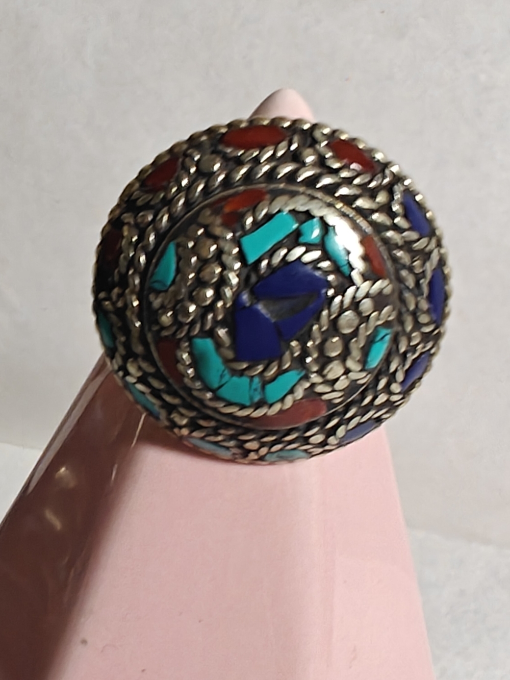 Vintage Tibetan Silver Ring - Turquoise, Lapis & Coral Size 9-1/2